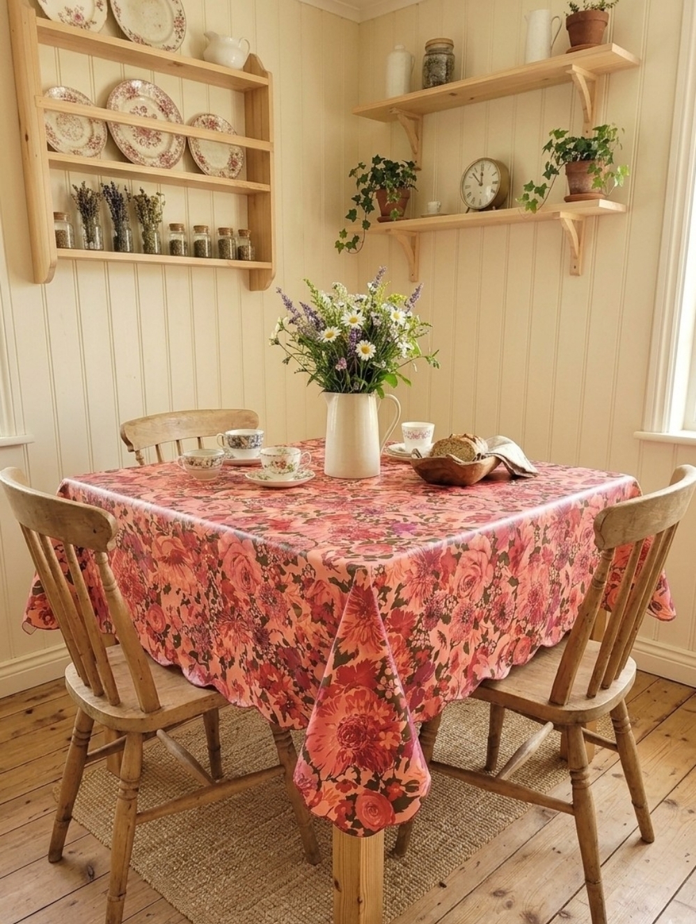 Vintage Pink Floral Vinyl Tablecloth Scalloped Edge Cottagecore Floral Decor 50x